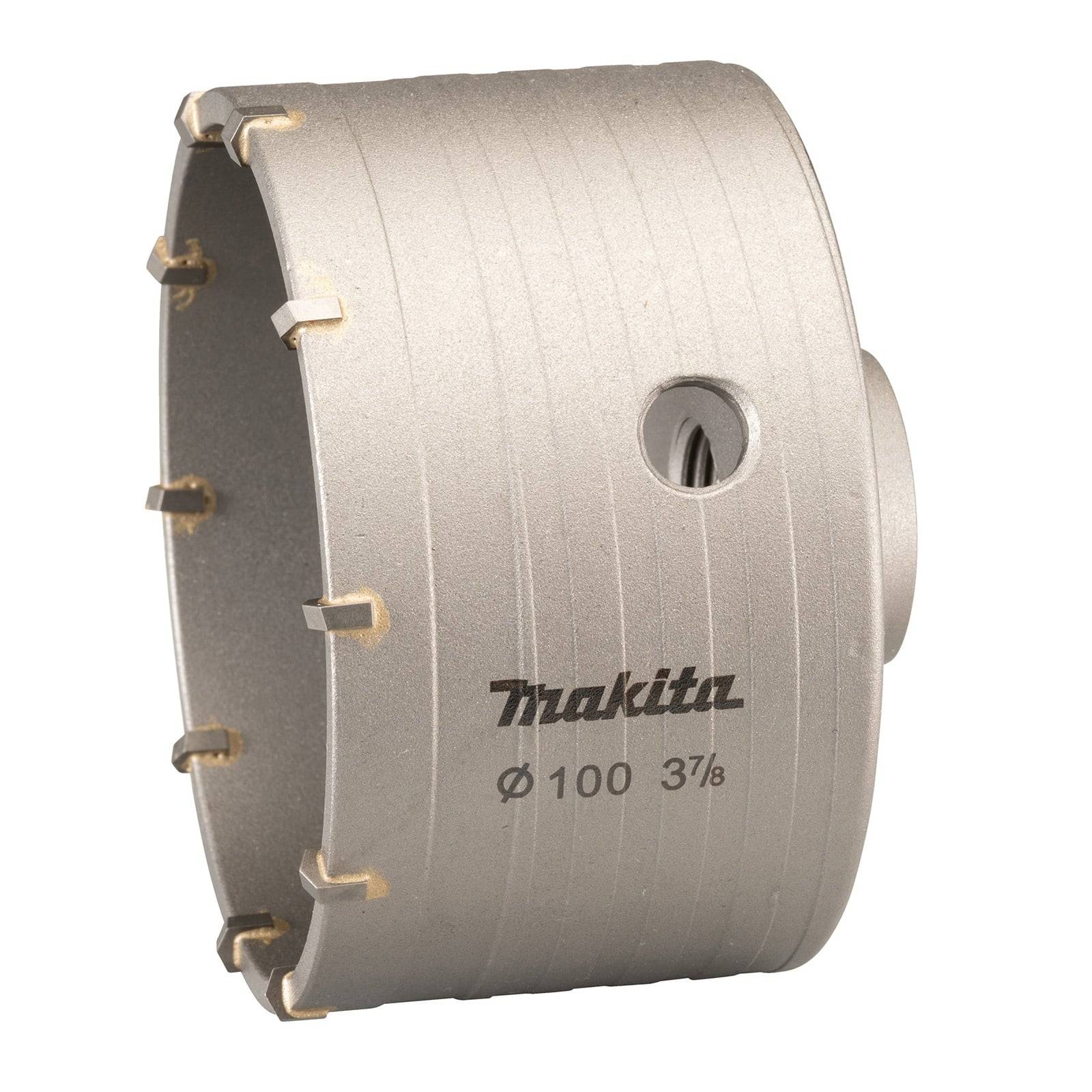 Eine silberne Makita Lochsäge mit einem Durchmesser von 100 mm, die zum Schneiden von kreisrunden Öffnungen in Materialien wie Holz oder Metall verwendet wird.
