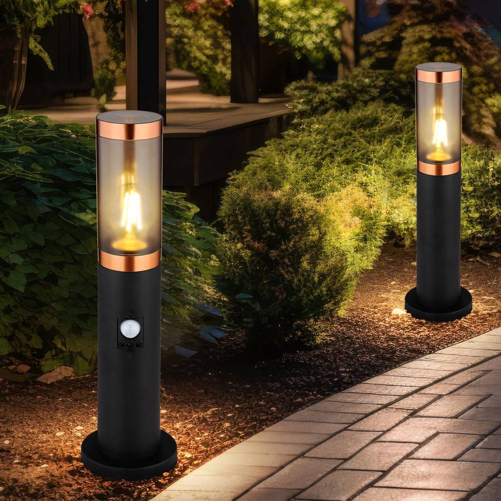 Sockelleuchte Standleuchte Außenbeleuchtung rauch Kupfer Außen mit Bewegungsmelder Garten Stehlampe, Edelstahl Kunststoff, 1x E27, DxH 7,6x45 cm, 2e