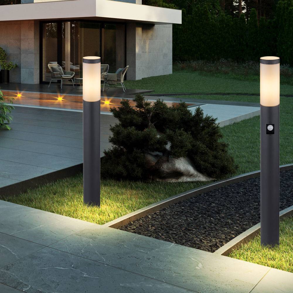 Gartenstehlampe Edelstahl Gartenlampe mit Bewegungsmelder anthrazit E27 Wegeleuchte Garten, opal, 1x E27 Fassung, H 80 cm, 2er Set