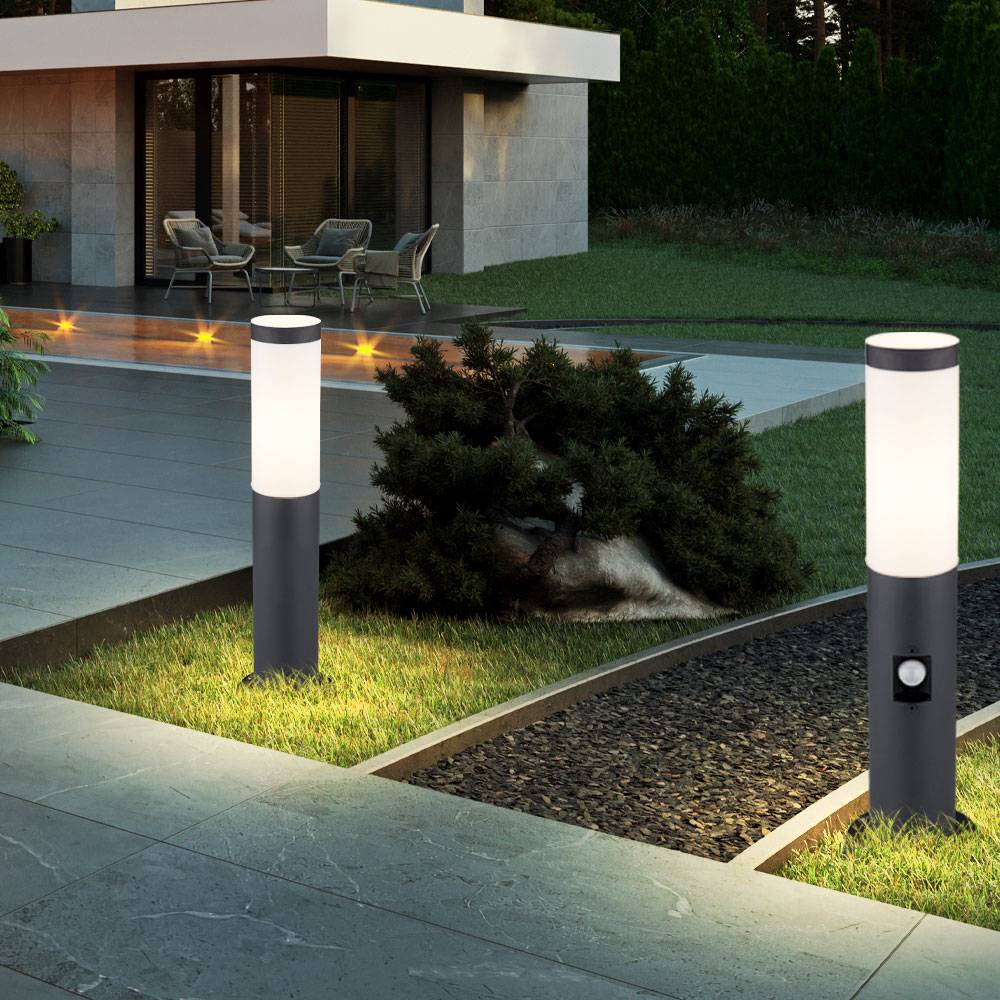 Sockelleuchte mit Bewegungsmelder Außen Stehleuchte Garten Standleuchte Edelstahl, anthrazit, 1x E27, DxH 12,7x45 cm, 2er Set