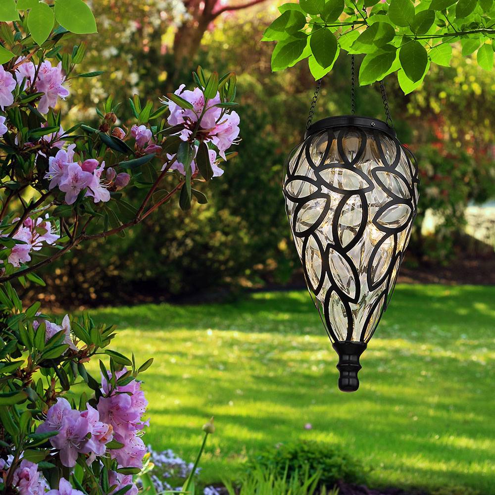 Solarlampe Gartendeko Hängeleuchte Außenlampe hängend LED Solarleuchte, im Tropfen Design, Metall schwarz, Kunststoff klar, 16x LED, DxH 13,5x 50