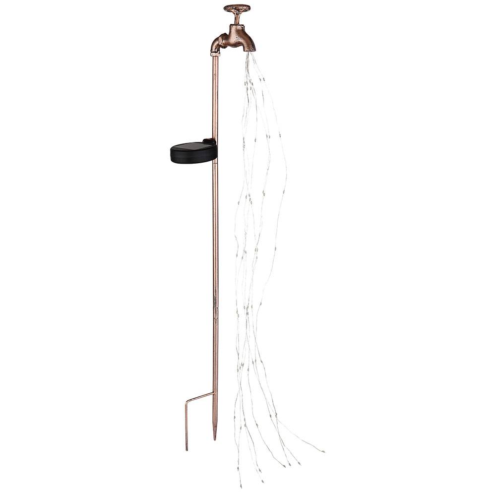 Solar Wasserhahn Deko Garten Wasserhahn mit Licht Außen Solar Gartenstecker für Außen, Feuereffekt, Metall gold, 60x LED warmweiß, LxBxH 11x6x80