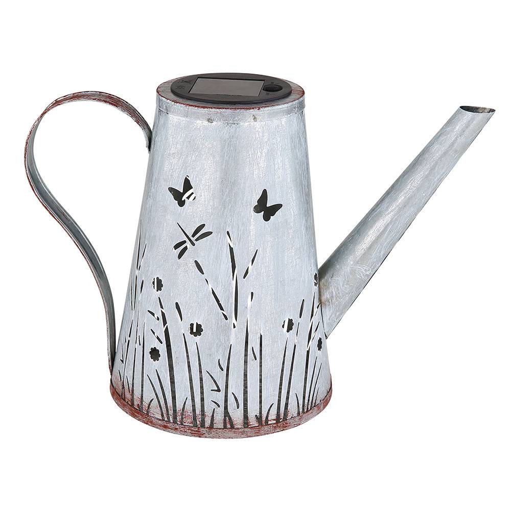 LED Gießkanne Solar Solardeko Garten Gartendeko Wetterfest, Stanzungen Terrasse Akku IP44 Metall blau rostfarben, LED warmweiß, LxBxH 27x14x19cm