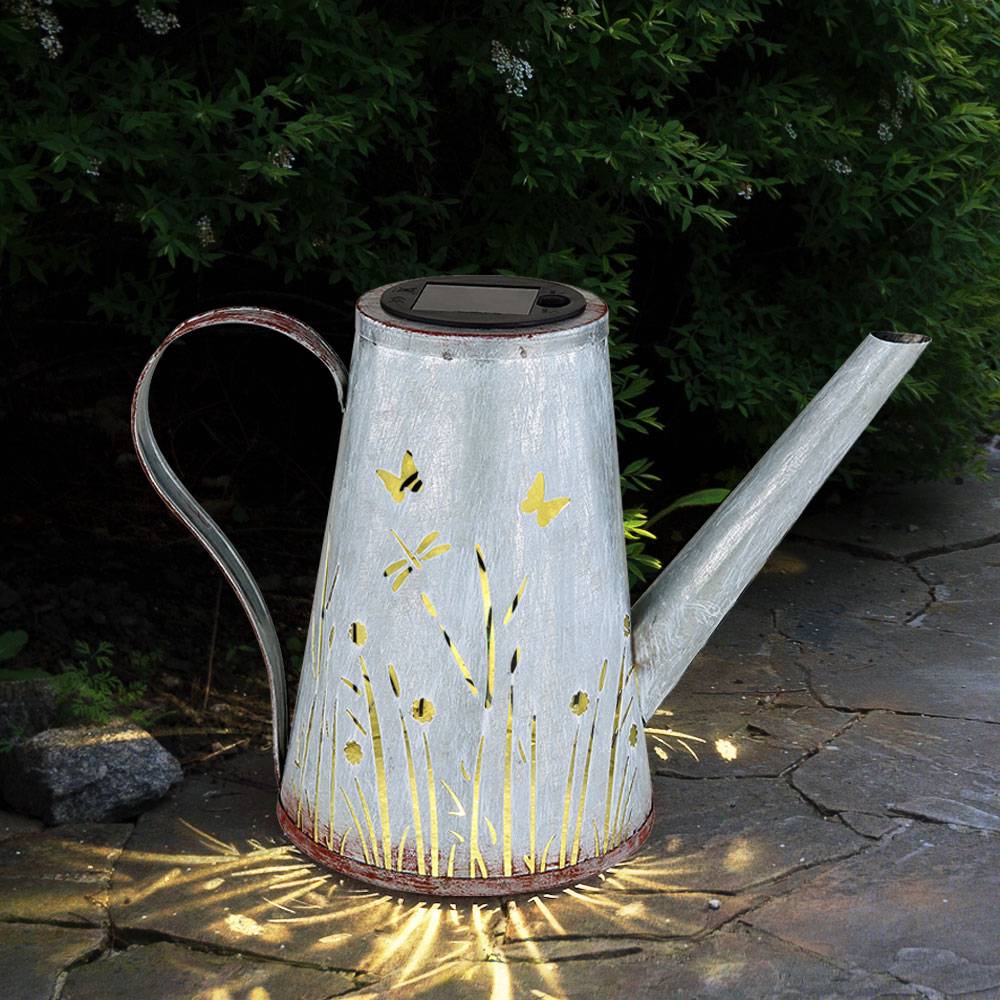 LED Gießkanne Solar Solardeko Garten Gartendeko Wetterfest, Stanzungen Terrasse Akku IP44 Metall blau rostfarben, LED warmweiß, LxBxH 27x14x19cm