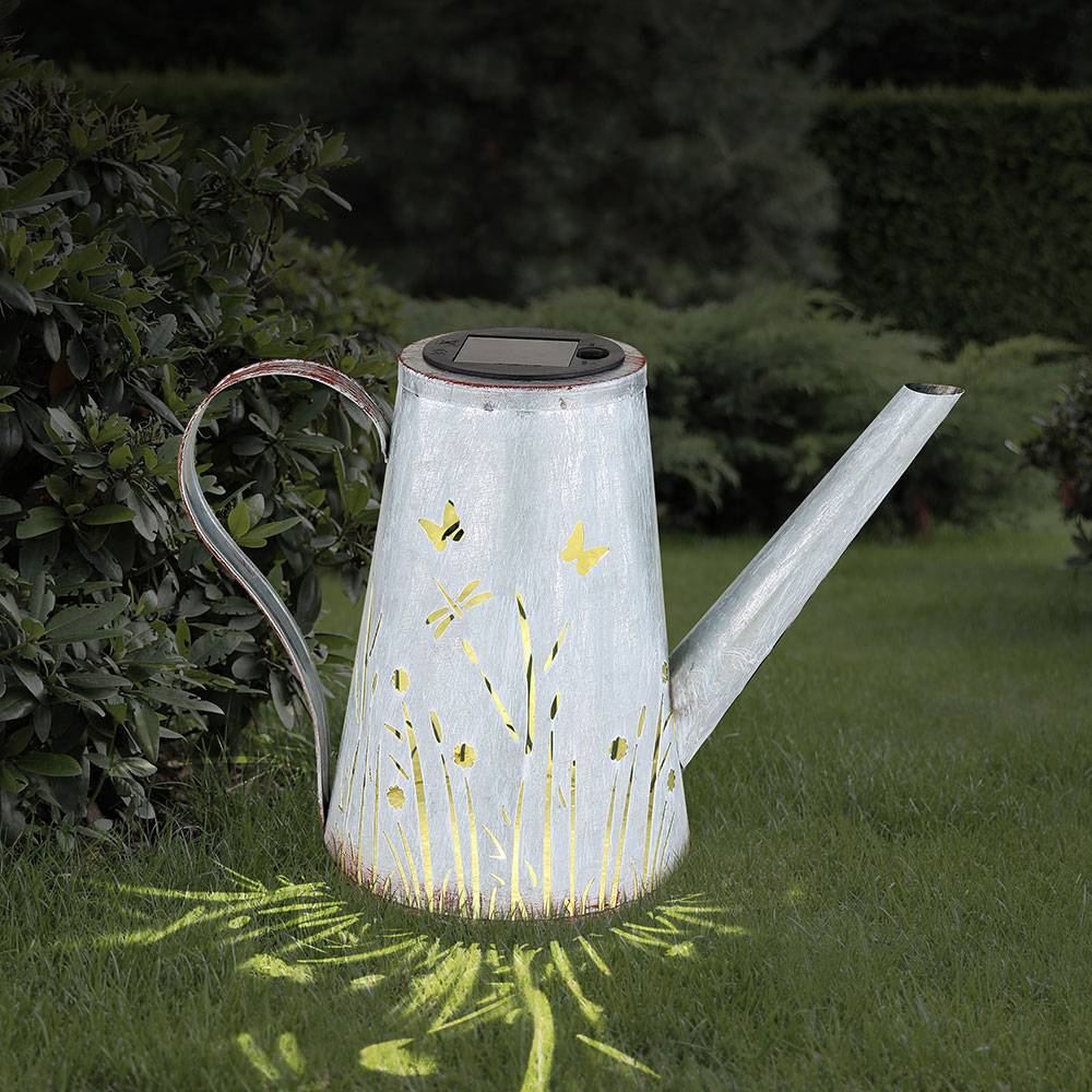 LED Gießkanne Solar Solardeko Garten Gartendeko Wetterfest, Stanzungen Terrasse Akku IP44 Metall blau rostfarben, LED warmweiß, LxBxH 27x14x19cm