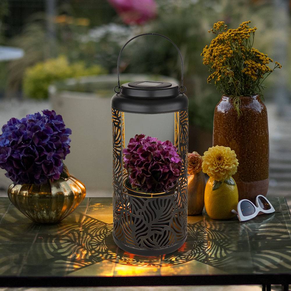 Gartendeko Solar Dekoration für Garten und Terrasse Hängende Solarleuchten, IP44 Akku, Metall schwarz Dekorstanzungen orientalisch, 1x LED 3000K, Dx