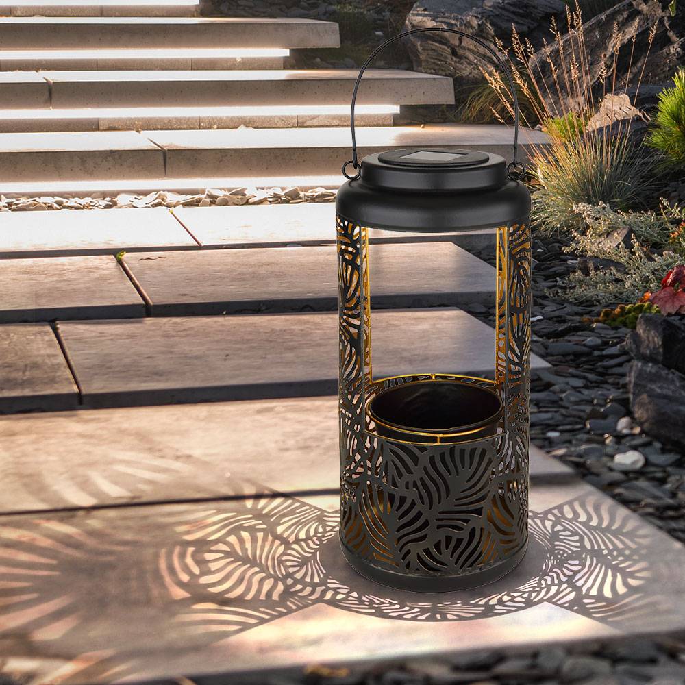 Gartendeko Solar Dekoration für Garten und Terrasse Hängende Solarleuchten, IP44 Akku, Metall schwarz Dekorstanzungen orientalisch, 1x LED 3000K, Dx