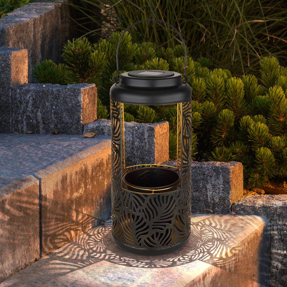 Gartendeko Solar Dekoration für Garten und Terrasse Hängende Solarleuchten, IP44 Akku, Metall schwarz Dekorstanzungen orientalisch, 1x LED 3000K, Dx