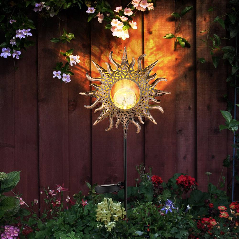 Gartendeko für draußen Sonne Solarlampen für Außen stehend Garten Solarleuchte, Crackle Glaskugel, rostfarben, LED warmweiß, BxH 24,2x81,5 cm
