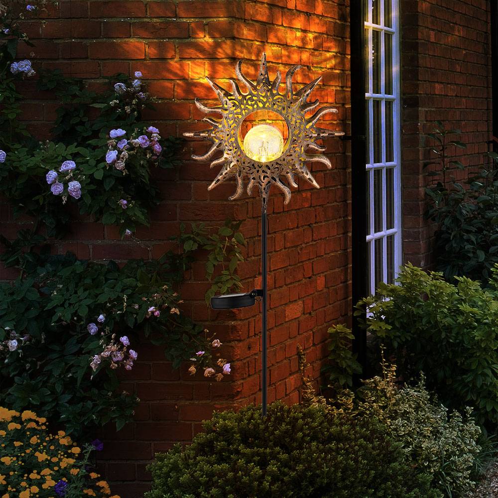 Gartendeko für draußen Sonne Solarlampen für Außen stehend Garten Solarleuchte, Crackle Glaskugel, rostfarben, LED warmweiß, BxH 24,2x81,5 cm