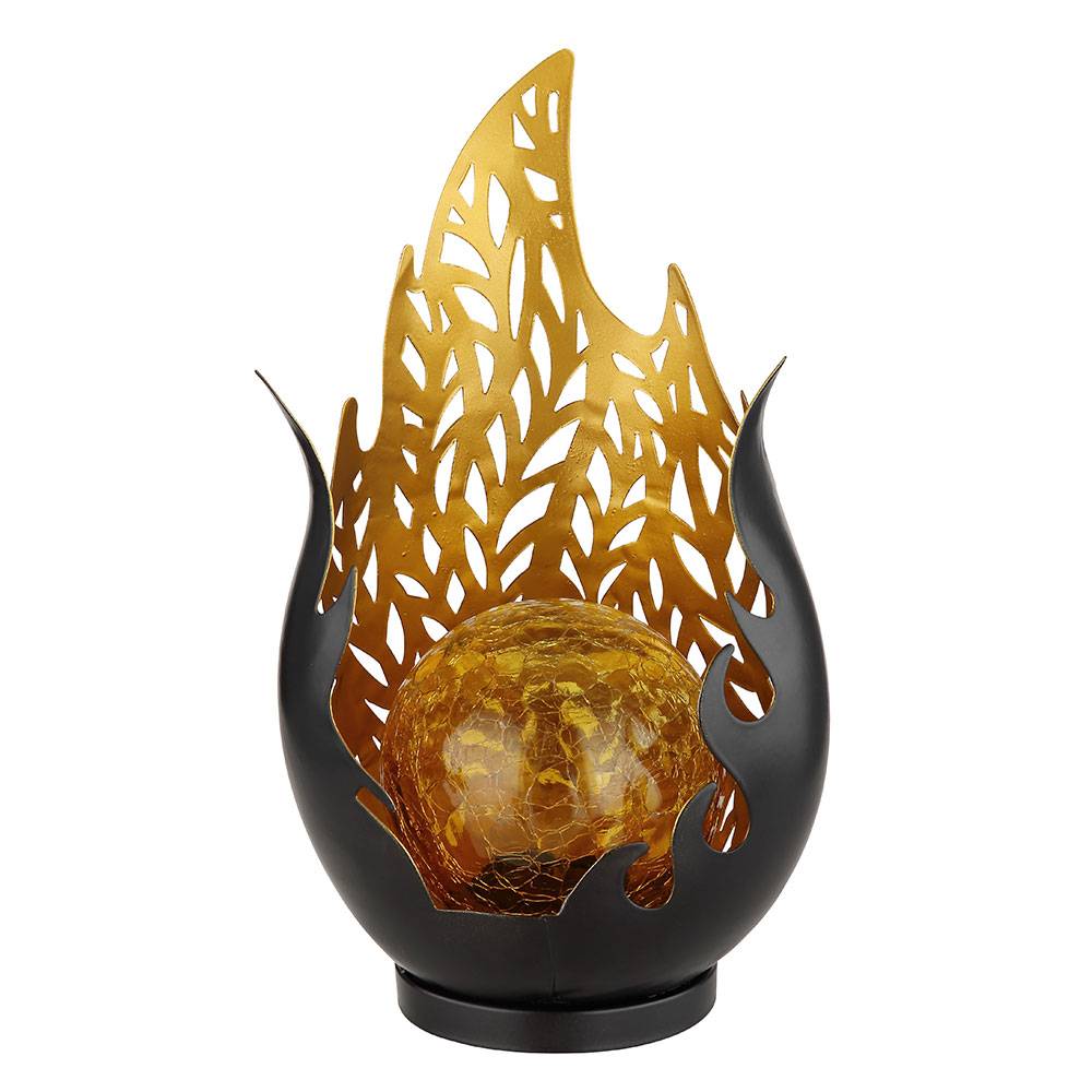 Gartendeko Solarlampen für Außen Outdoor Balkon Deko schwarz gold Flammenoptik Glaskugel, IP44 Akku Metall Dekorstanzungen, 1x LED, LxBxH 16,5x12,5x