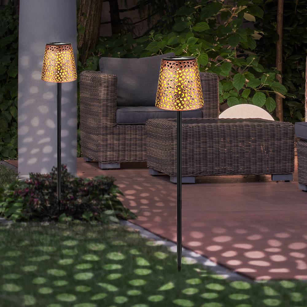 LED Solar Steckleuchte Garten Solarlampe für Außen Solar Stecklampe Metall, mit Erdspieß IP44 Akku, Lichteffekt, schwarz gold, LED 3000K, DxH 12x70
