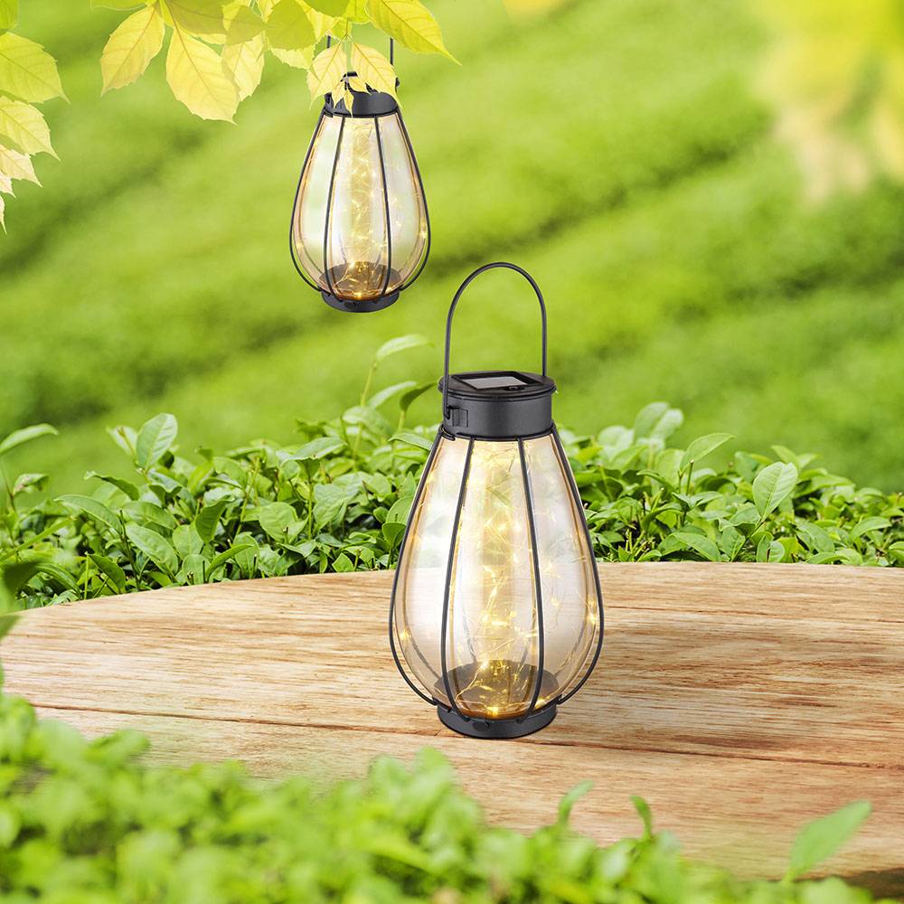 Gartendeko Solar Dekoration für Garten und Terrasse Solarleuchten mit Lichterkette, IP44 Akku, Metall schwarz amber, 30x LED 3000K, DxH 12x30cm