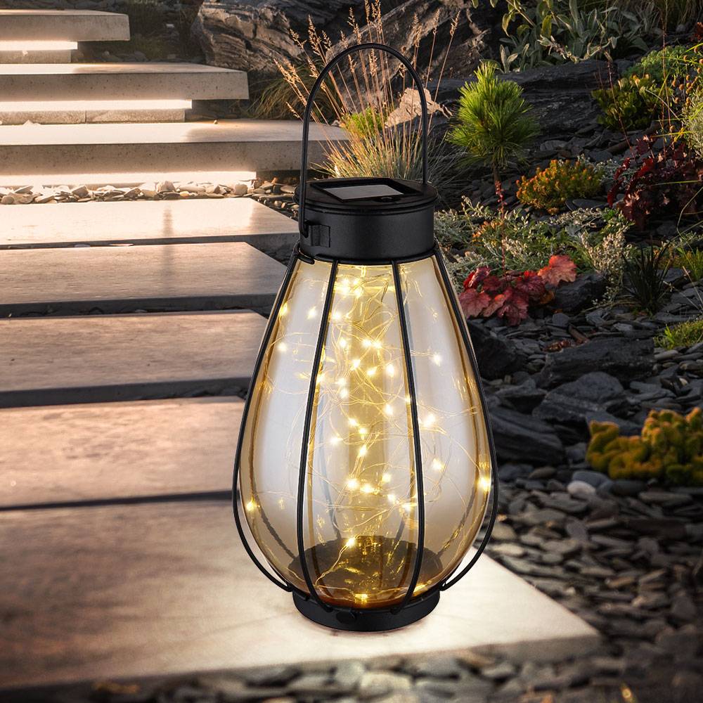 Gartendeko Solar Dekoration für Garten und Terrasse Solarleuchten mit Lichterkette, IP44 Akku, Metall schwarz amber, 30x LED 3000K, DxH 12x30cm