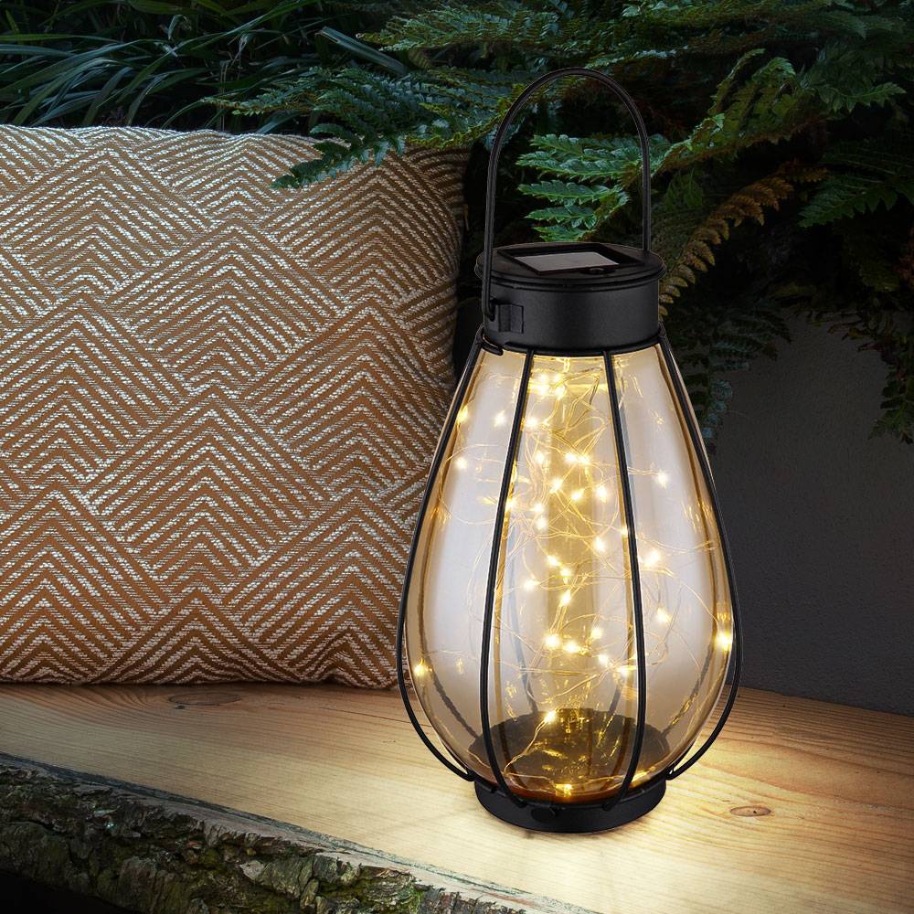 Gartendeko Solar Dekoration für Garten und Terrasse Solarleuchten mit Lichterkette, IP44 Akku, Metall schwarz amber, 30x LED 3000K, DxH 12x30cm