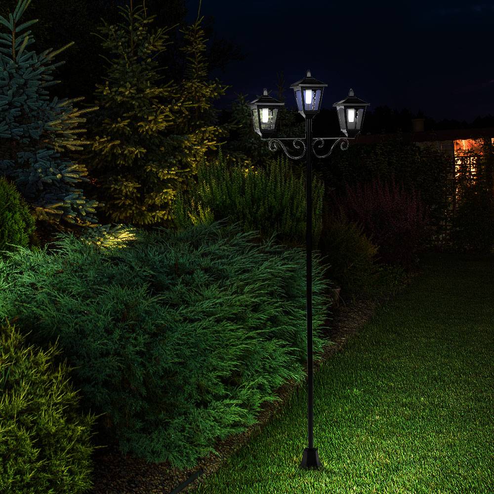 Gartenlaterne groß für draußen Kandelaber 3 flammig Außen Solar Außenlaterne stehend Outdoor, schwarz Eisen Alu, LED warmweiß, H 194 cm