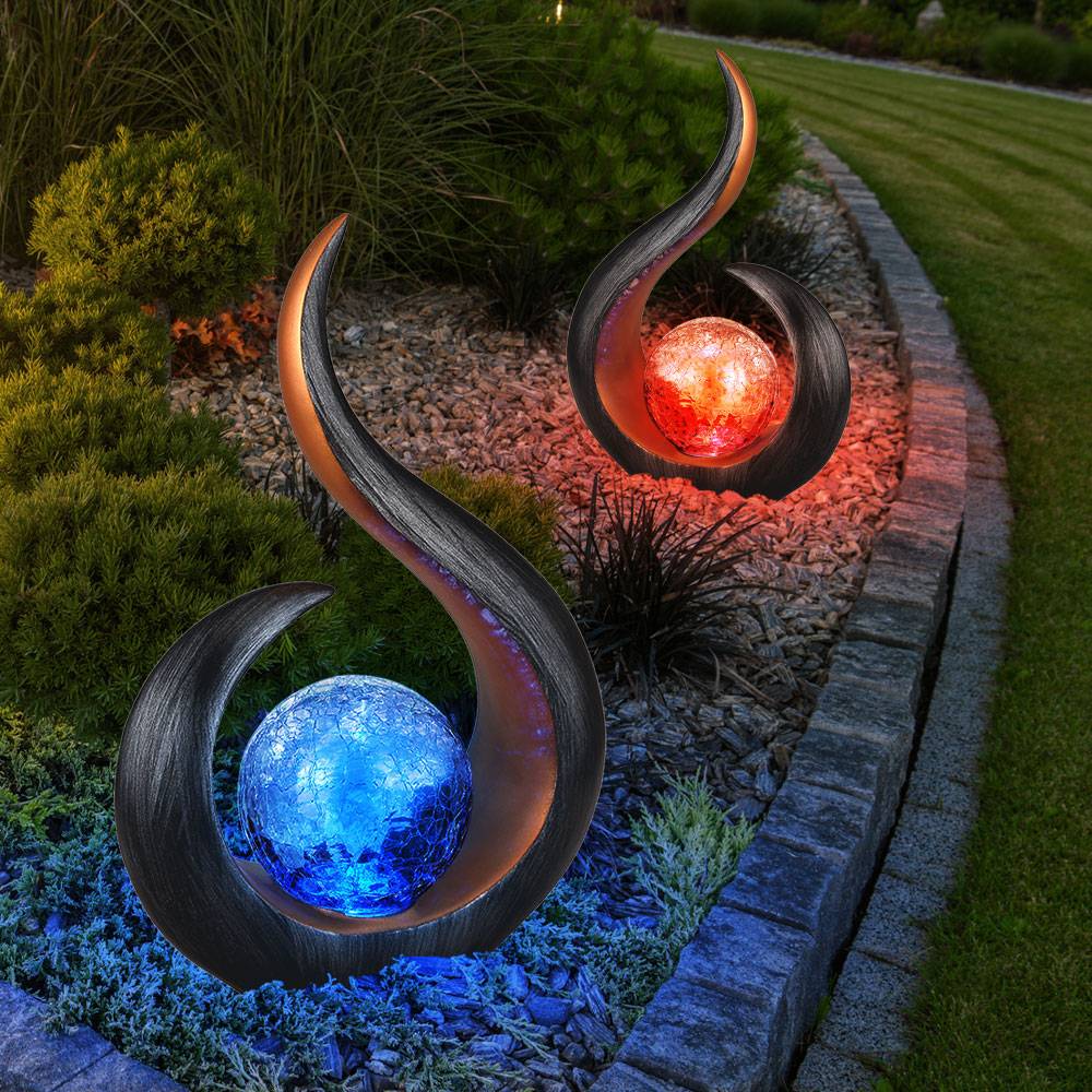 Skulptur Solarlampen für Außen zum stellen LED Solarleuchte Garten geschwungen Farbwechsler, Kunststoff Glas, 1x RGB LED Akku, H 33,5 cm, 2er Set