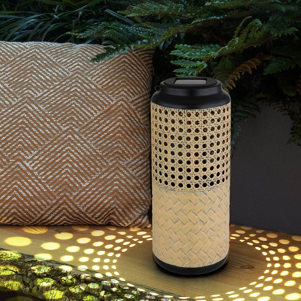Solarleuchte Lampe Bambus Garten Solarlampen Rattan Laterne zum hinstellen und aufhängen, 1x LED warmweiß, DxH 12 x 45 cm, 2er Set