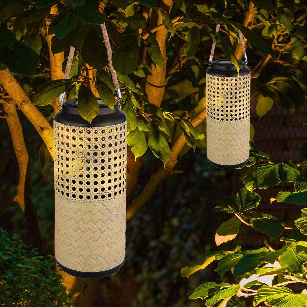 Solarleuchte Lampe Bambus Garten Solarlampen Rattan Laterne zum hinstellen und aufhängen, 1x LED warmweiß, DxH 12 x 45 cm, 2er Set