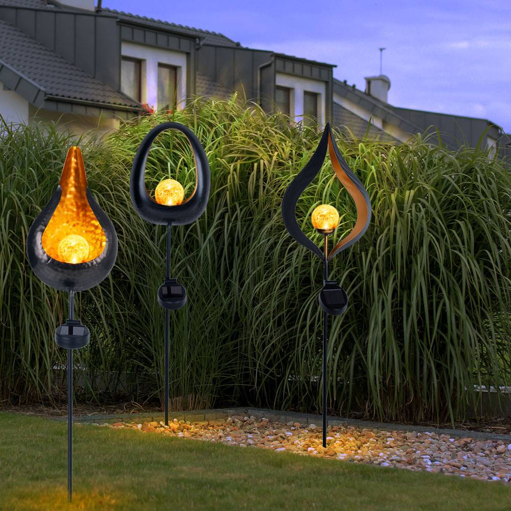 Solarleuchte Flamme Garten Solarstab für Außen Solar Deko für Außen mit Erdspieß und Flammeneffekt, Metall Glas, 1x LED, H 93 cm, 3er Set