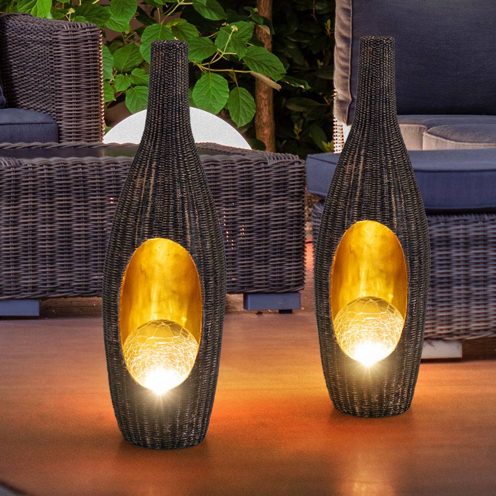 Solarleuchte Rattan-Optik goldfarben mit Glaskugel Solarleuchte Gartendeko für Außen Deko Design, Crackle braun, LED warmweiß, LxH 14,3x45,5 cm