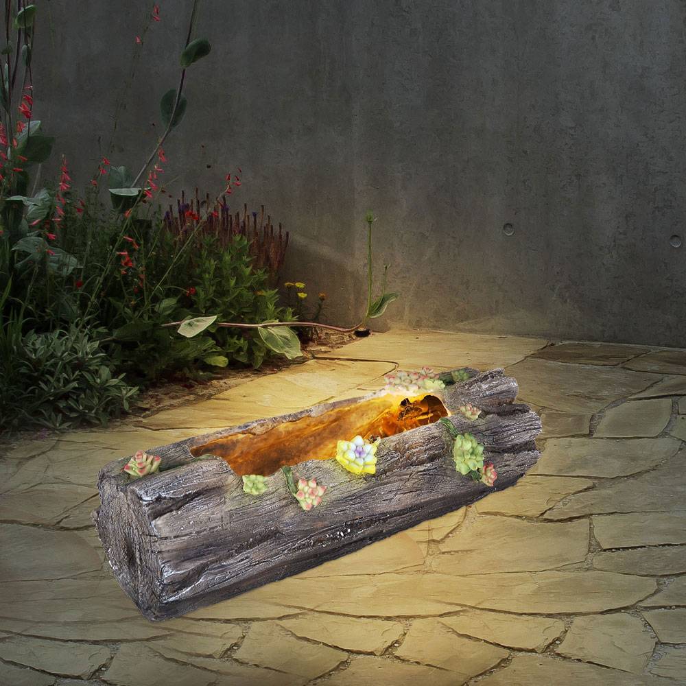 Solar Pflanzgefäß Beleuchtet Blumentopf Deko Licht für Haus und Garten in Baumstammoptik, grau antik, 1x LED warmweiß, LxH 44,3x13,5 cm