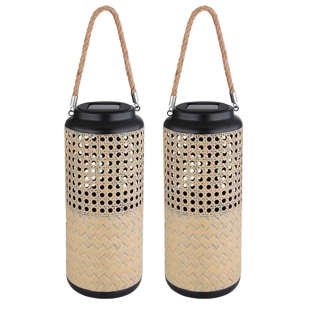 Solarleuchte Lampe Bambus Garten Solarlampen Rattan Laterne zum hinstellen und aufhängen, 1x LED warmweiß, DxH 12 x 45 cm, 2er Set