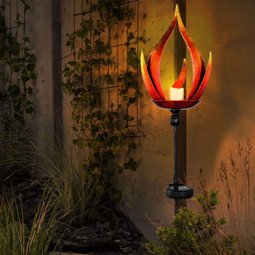 Solarleuchte Solarlampe Außenleuchte Gartenleuchte Außenlampe Eingangsbereich, IP44 Spritzwasserfest Metall Flammenoptik schwarz, 1x LED warmweiß