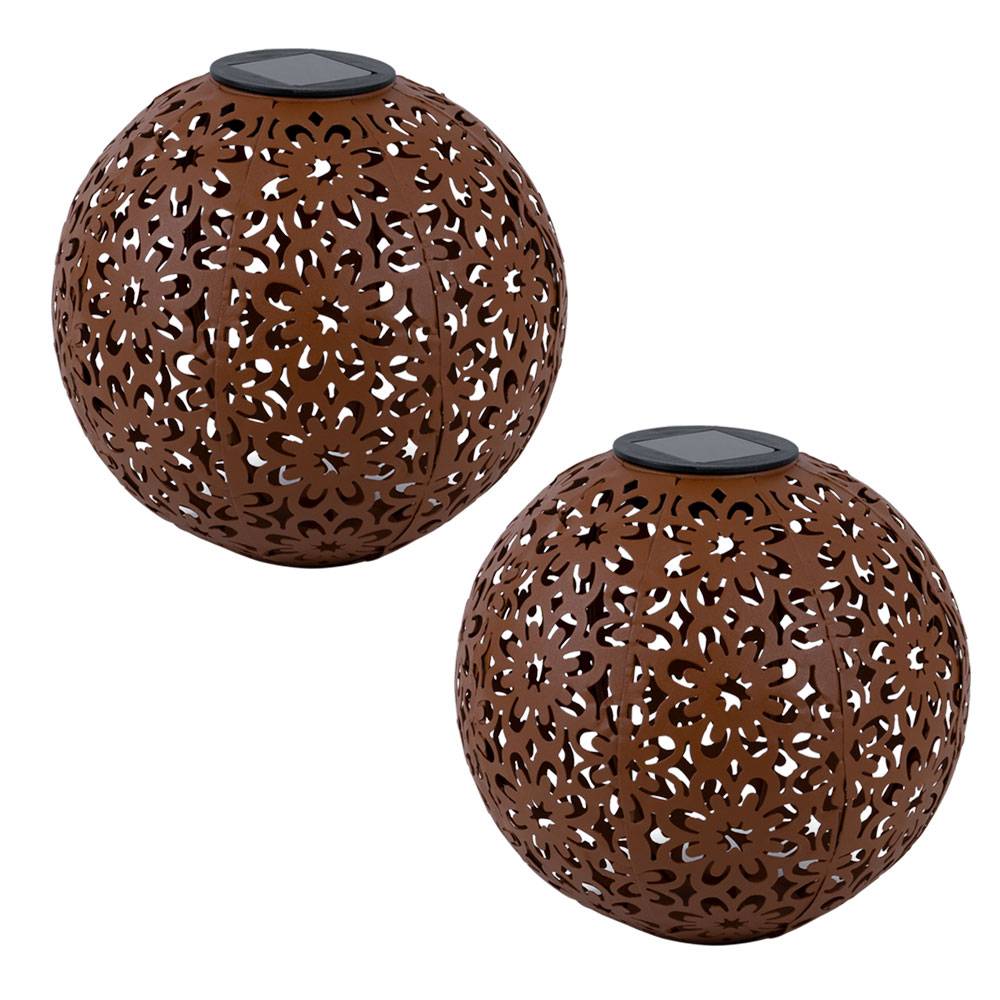 Solarlampe für Außen Kugel Solar Gartendeko Solarleuchte rost Erdspieß, Blumen Dekorstanzungen, Metall, LED warmweiß, D 20 cm, 2er Set