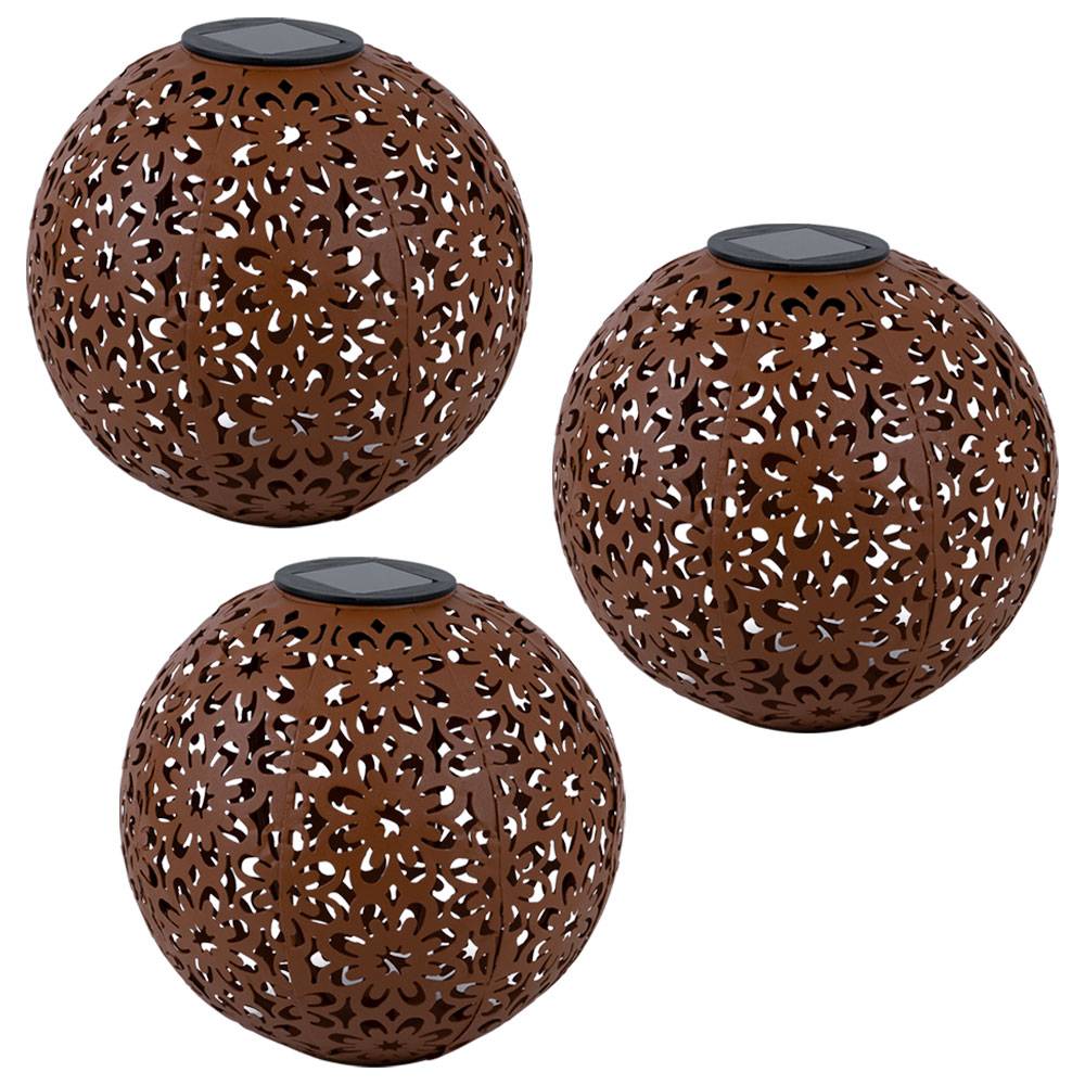 Solarlampe für Außen Kugel Solar Gartendeko Solarleuchte rost Erdspieß, Blumen Dekorstanzungen, Metall, LED warmweiß, D 20 cm, 3er Set