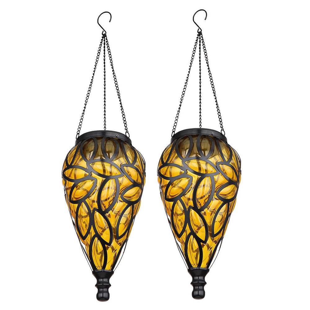 Solarlampen für Außen hängend Gartendeko für draußen Hängeleuchte Balkon antik, Akku IP44 Wetterfest, Metall schwarz amber, 1x LED 3200K, DxH 13