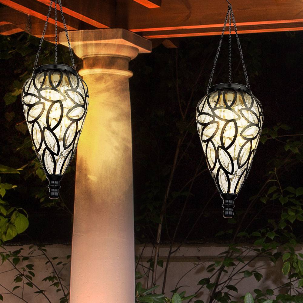 Solarlampe Gartendeko Hängeleuchte Außenlampe hängend LED Solarleuchte, im Tropfen Design, Metall schwarz, Kunststoff klar, 16x LED, DxH 13,5x 50