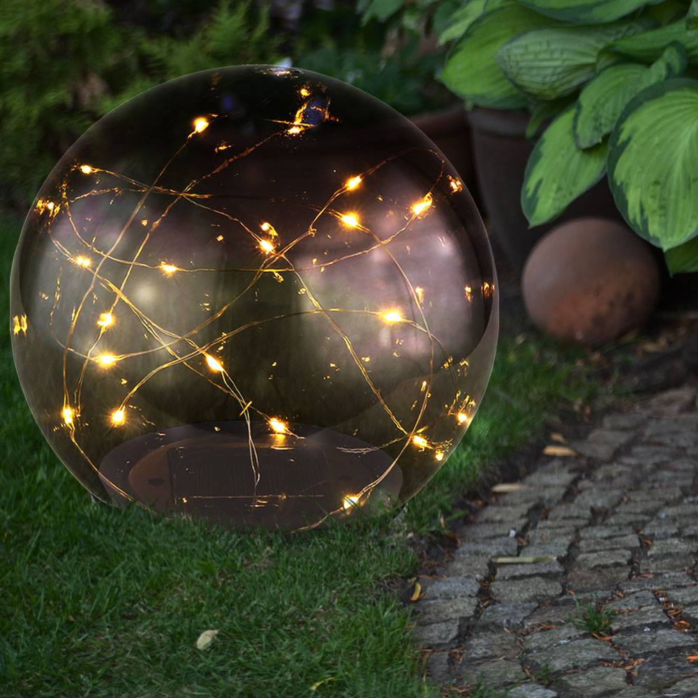 Solarleuchte Kugel Außenleuchte Solar rauchfarben Kugelleuchte Solarlampe, Akku, Leuchtfaden, 20x LED warmweiß, D 15 cm, 2er Set