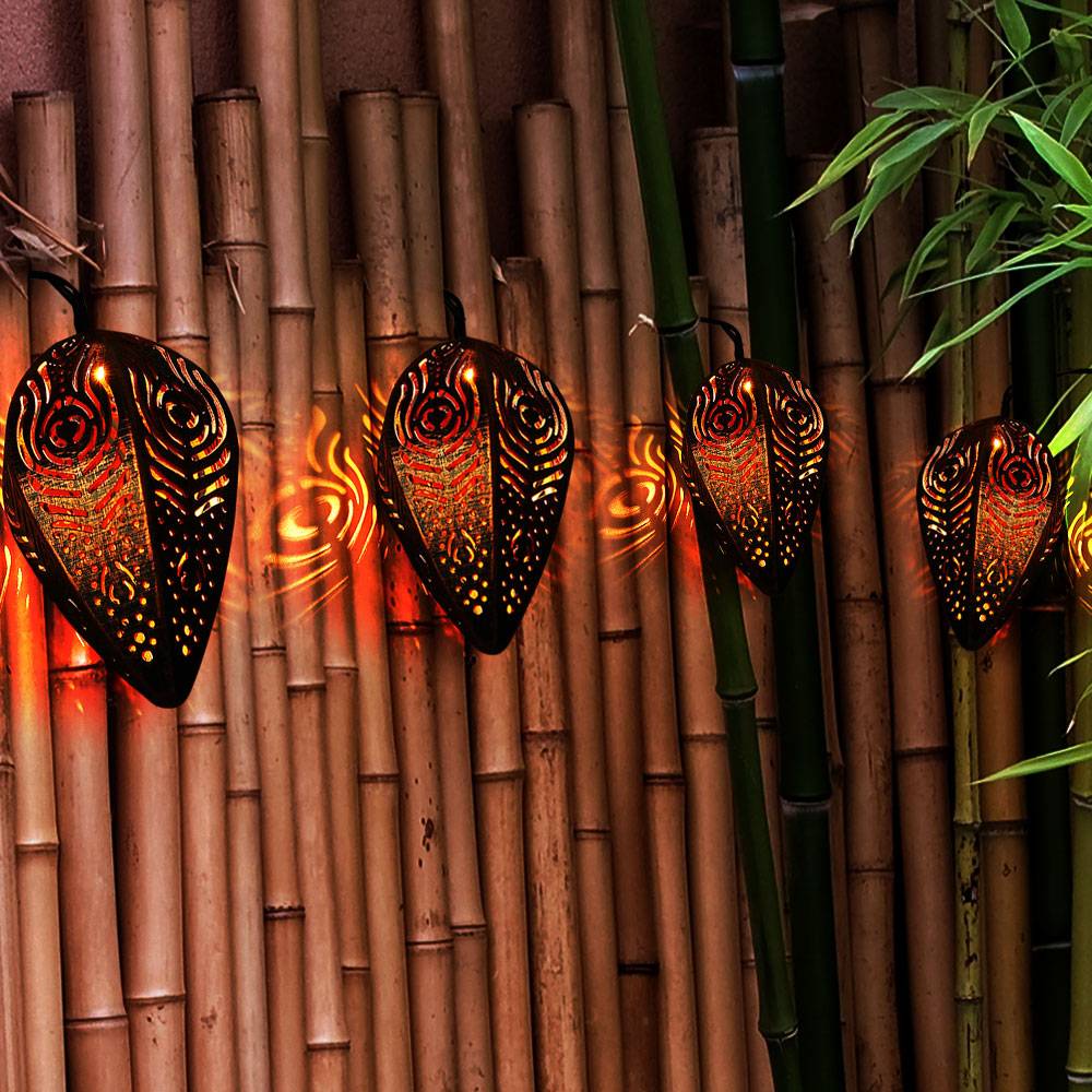 Solarlampe Lichterkette Außenleuchte, Dekorlampe im Retrodesign, Muster im Lampenschirm, schwarz kupfer, 9x LED 3000 K warmweiß, LxBxH 390x8x12 cm