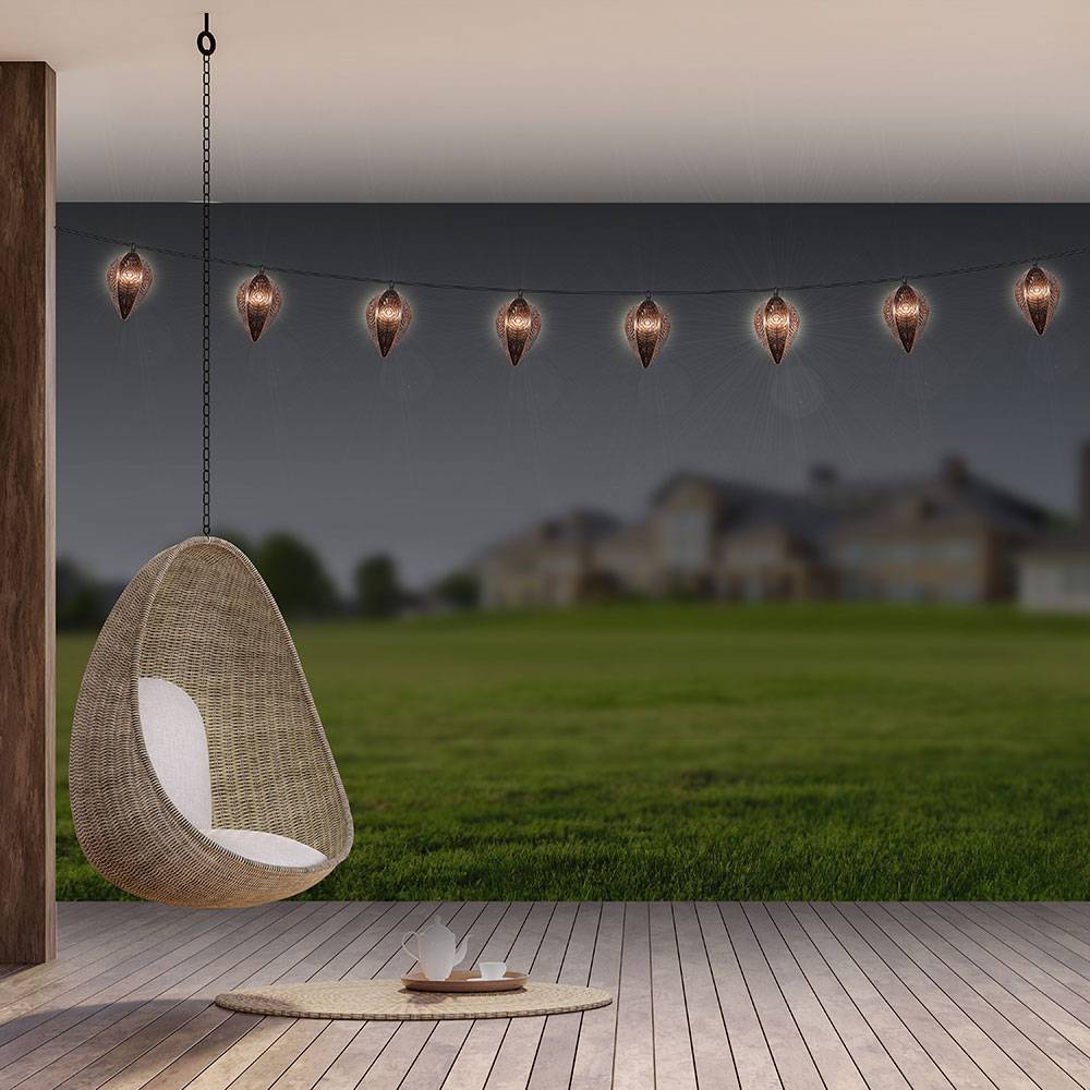Solarlampe Lichterkette Außenleuchte, Dekorlampe im Retrodesign, Muster im Lampenschirm, schwarz kupfer, 9x LED 3000 K warmweiß, LxBxH 390x8x12 cm