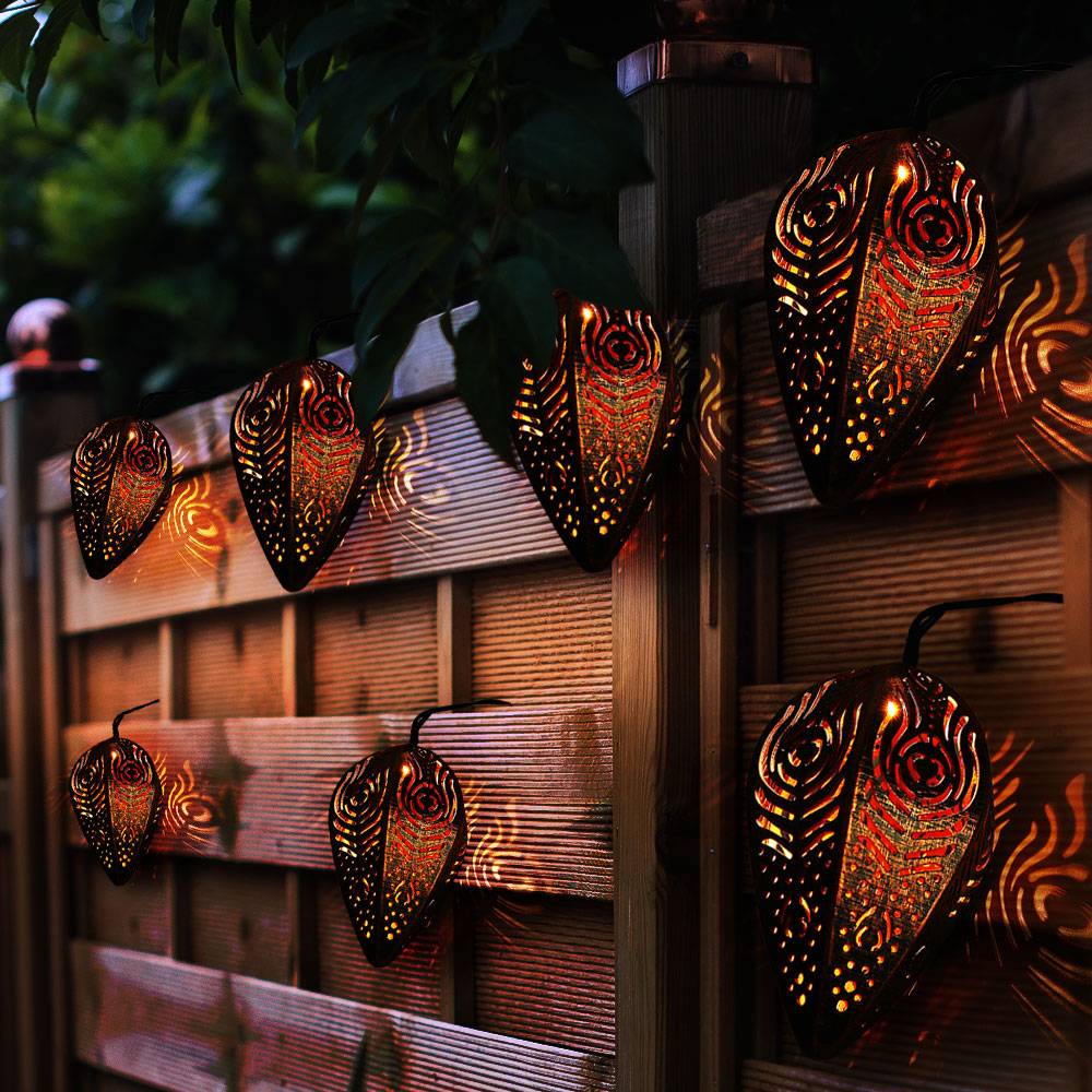 Solarlampe Lichterkette Außenleuchte, Dekorlampe im Retrodesign, Muster im Lampenschirm, schwarz kupfer, 9x LED 3000 K warmweiß, LxBxH 390x8x12 cm