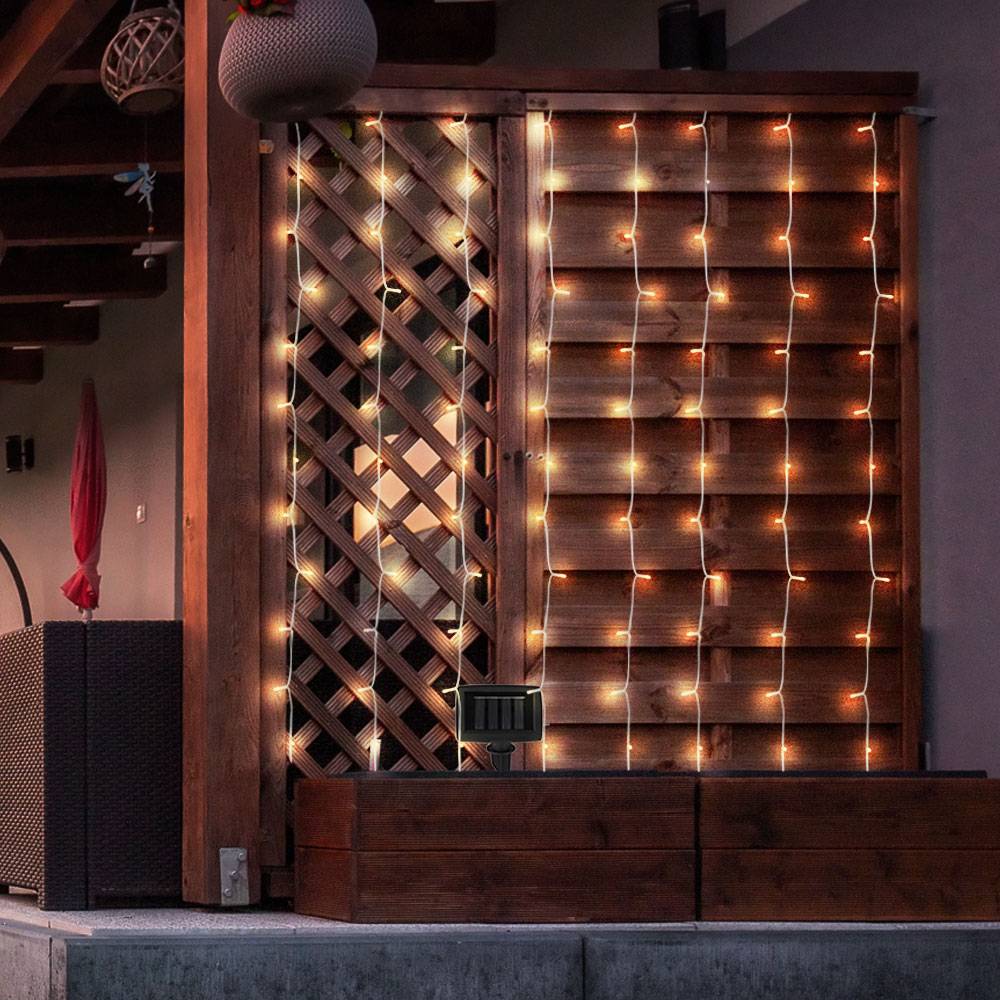 Außenlampe Solarleuchte Lichterkette Lichtervorhang LED Dekolampe, Terrassenleuchte, Akku, wetterfest, schwarz, 192x LED 3000K warmweiß, LxB 150x150