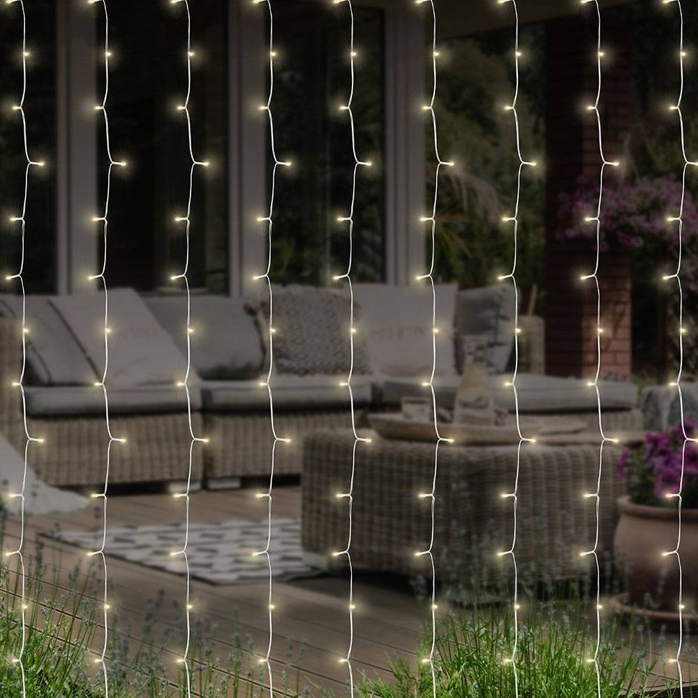Außenlampe Solarleuchte Lichterkette Lichtervorhang LED Dekolampe, Terrassenleuchte, Akku, wetterfest, schwarz, 192x LED 3000K warmweiß, LxB 150x150