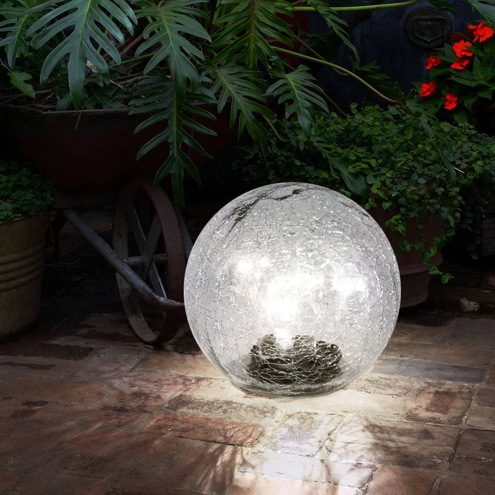 Solarleuchte Außenlampe Kugelleuchte, LED Gartenlampe, integrierte Lichterkette, Terrassenleuchte, 10-flammig, Crackle Glas, 10x LED, DxH 15x15 cm