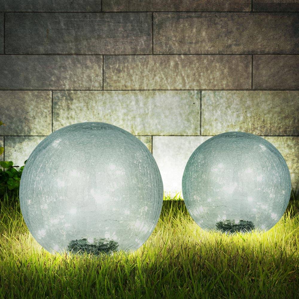 Solarlampe Kugelleuchte Gartenlampe, LED Lichterkette, 10-flammig, Terrassenlampe, Außenleuchte, Crackle Glas, 10x LED, DxH 15x15 cm, 2er Set