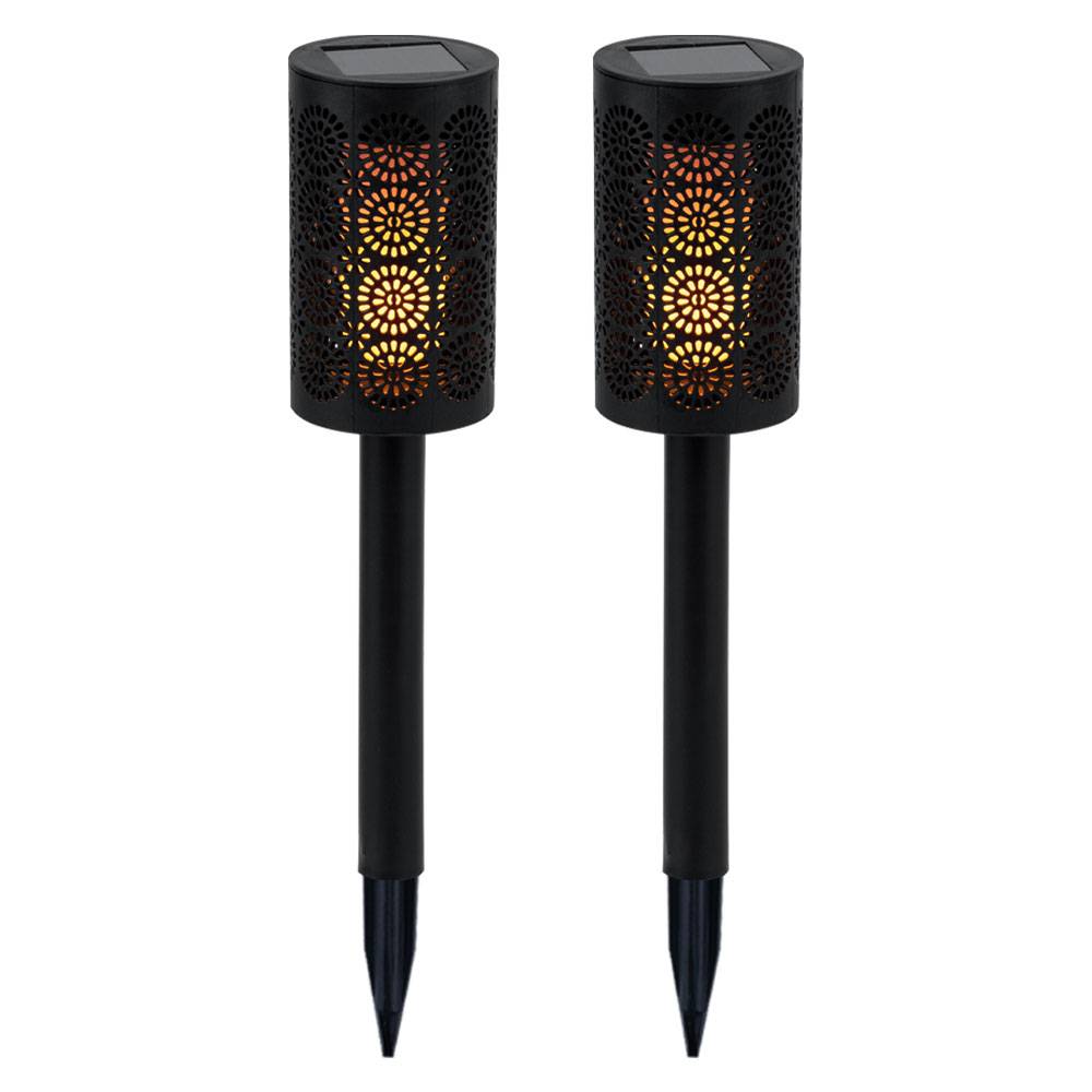 Solarfackel Außenleuchte Terrassenlampe, Steckleuchte mit Dekorstanzungen, integrierter Akku, Feuereffekt, schwarz, 1x LED, DxH 6,6x30 cm, 2er Set