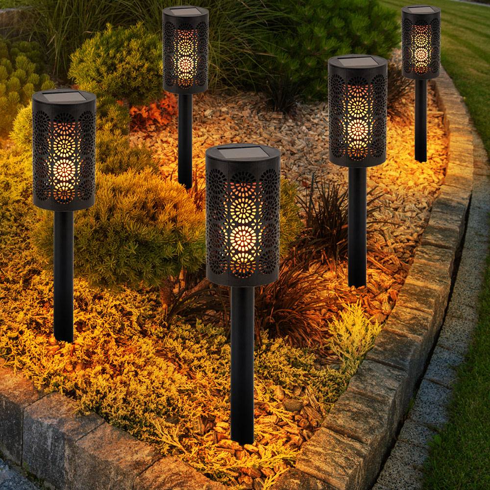 Solarleuchte Gartenlampe Steckleuchte, Fackel mit Dekorstanzungen, Terrassenlampe, Akku, Feuereffekt, schwarz, 1x LED, DxH 6,6x30 cm, 3er Set