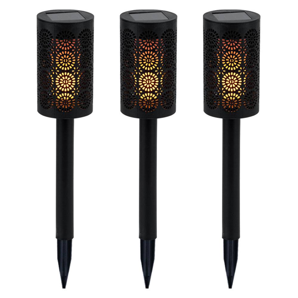 Solarleuchte Gartenlampe Steckleuchte, Fackel mit Dekorstanzungen, Terrassenlampe, Akku, Feuereffekt, schwarz, 1x LED, DxH 6,6x30 cm, 3er Set