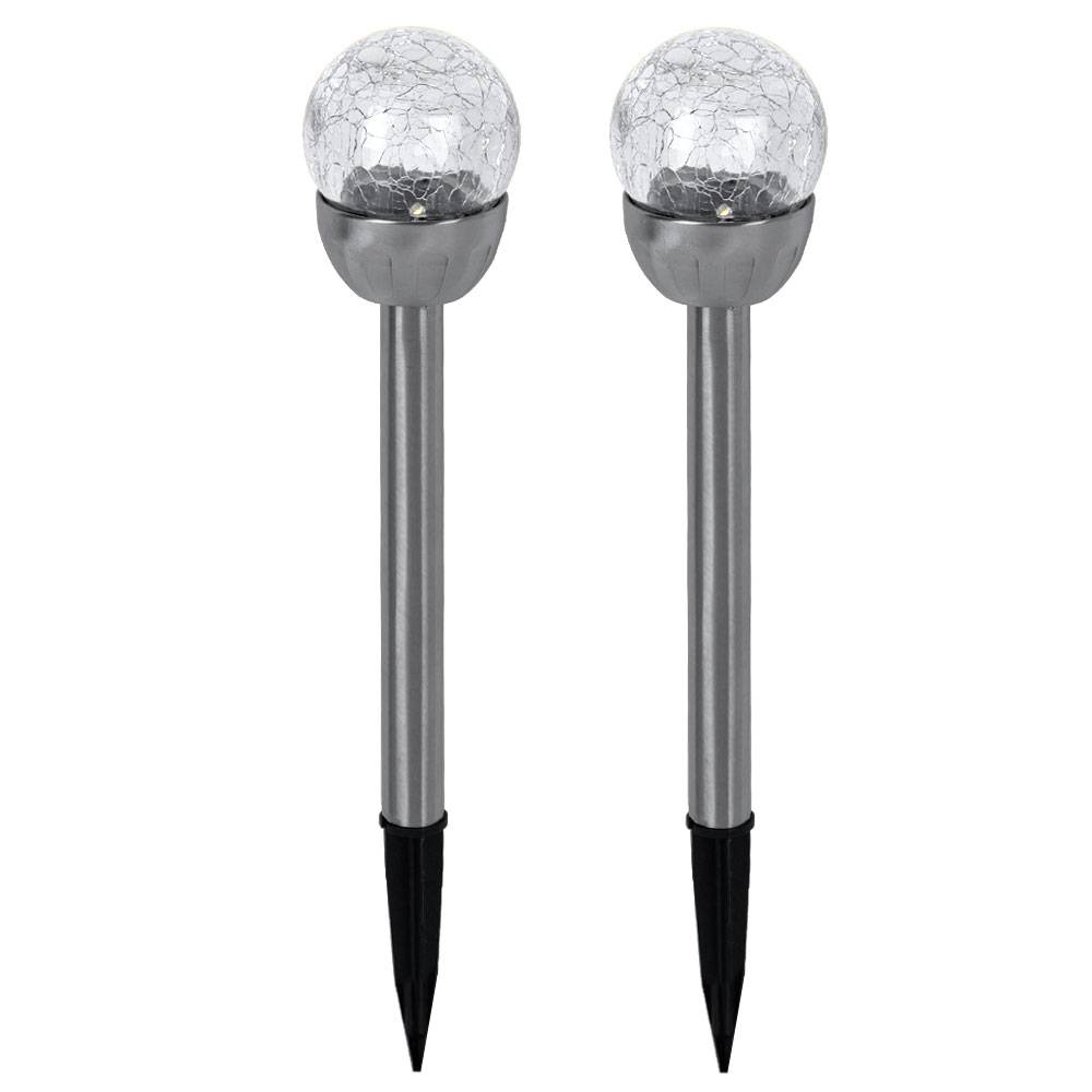 Solarlampe Außenleuchte Kugellampe, Steckleuchte in Bruchglas-Optik, Gartenleuchte, integrierter Akku, Edelstahl, silber, LED, DxH 6x24,5cm, 2er Set