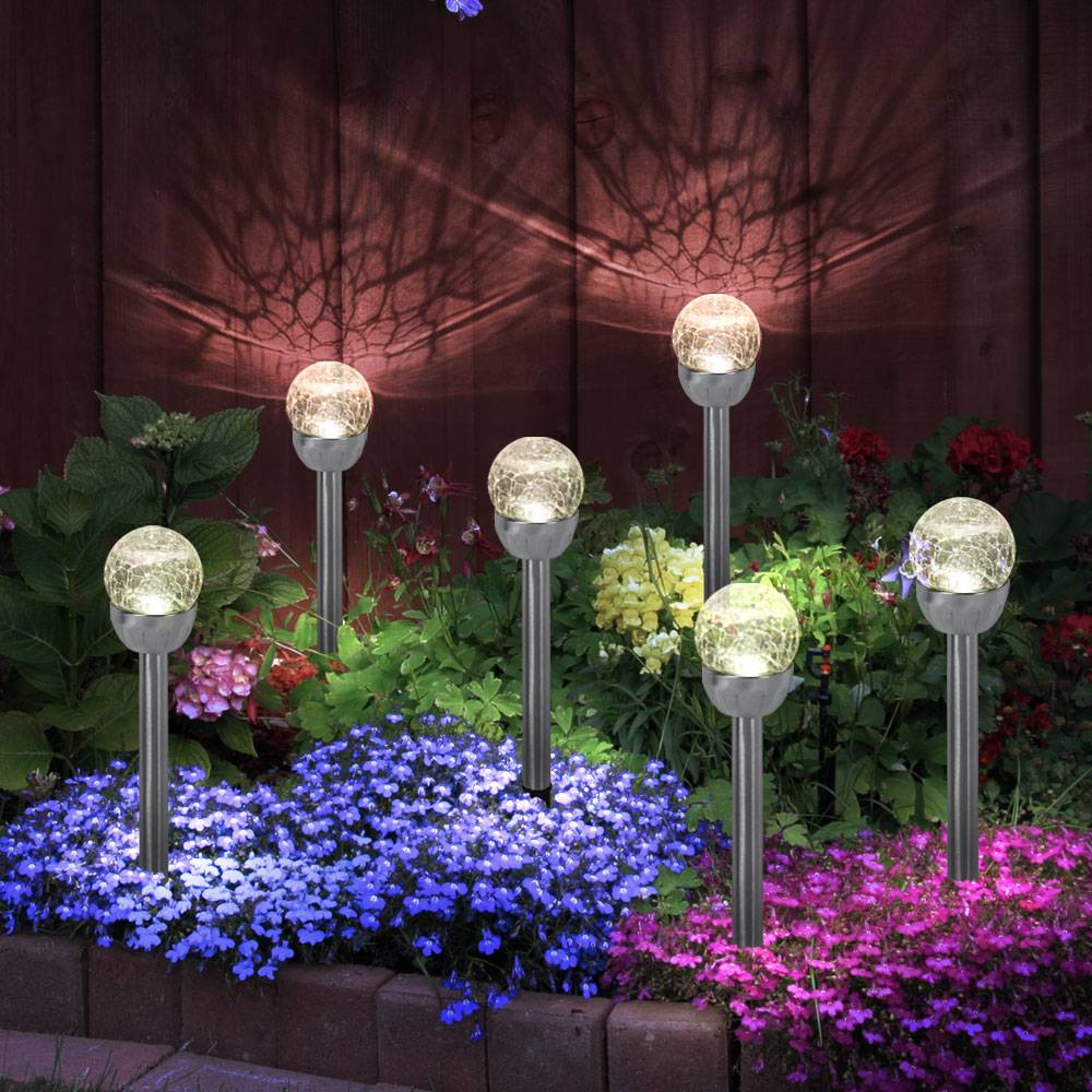 Kugelleuchte Außenlampe Solarleuchte, Gartenlampe in Bruchglas-Optik, Wegeleuchte, integrierter Akku, Edelstahl, silber, LED, DxH 6x24,5cm, 4er Set