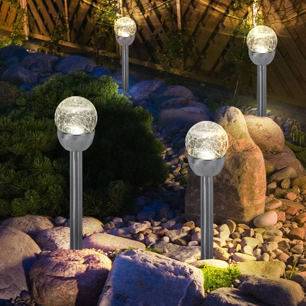 Solarlampe Außenleuchte Kugellampe, Steckleuchte in Bruchglas-Optik, Gartenleuchte, integrierter Akku, Edelstahl, silber, LED, DxH 6x24,5cm, 2er Set