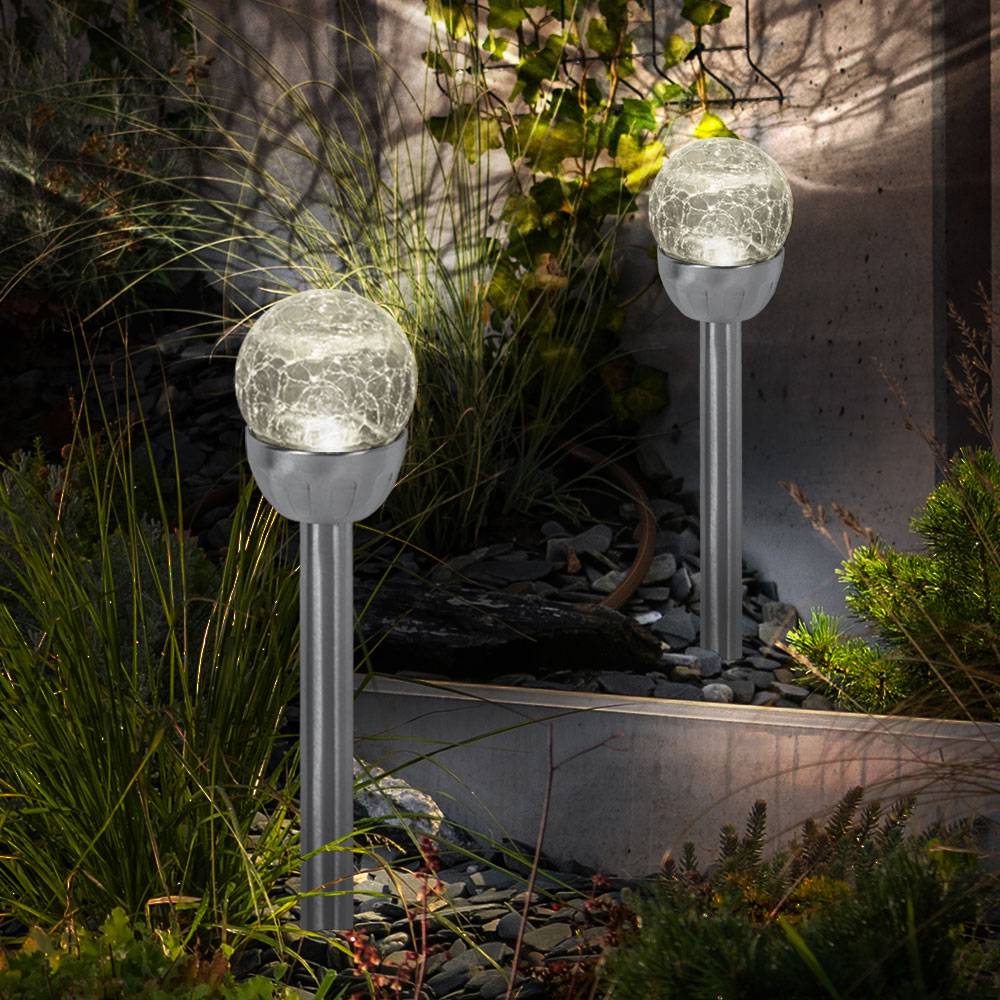 Solarlampe Außenleuchte Kugellampe, Steckleuchte in Bruchglas-Optik, Gartenleuchte, integrierter Akku, Edelstahl, silber, LED, DxH 6x24,5cm, 2er Set