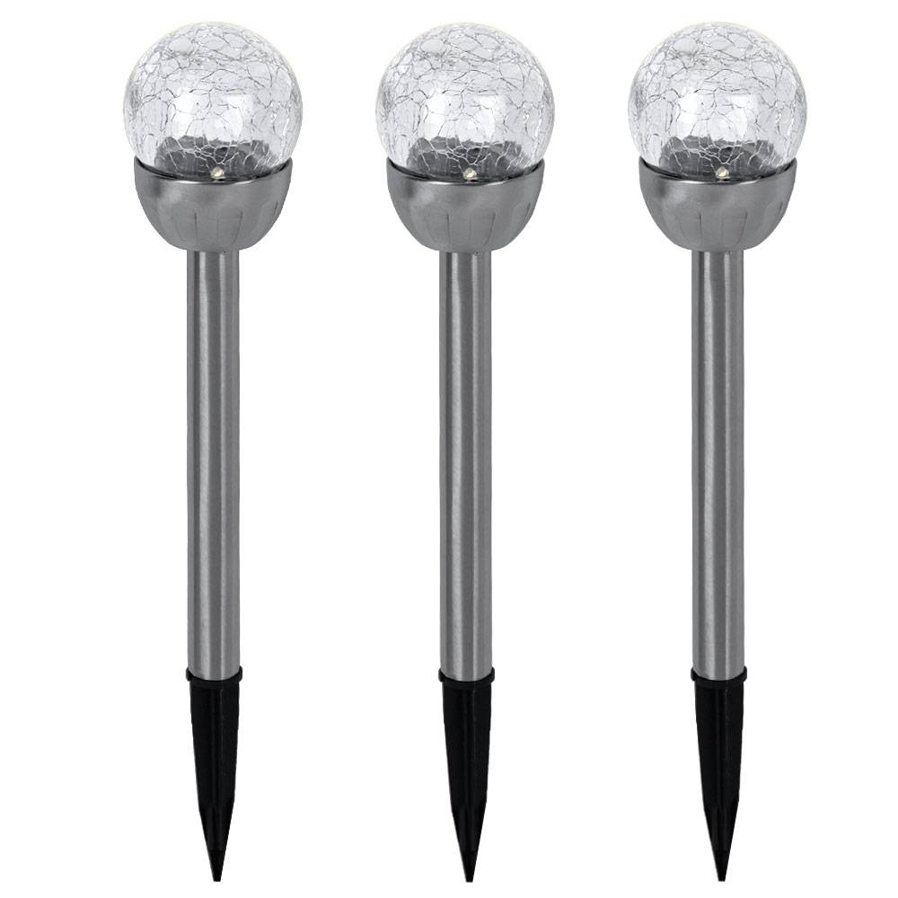 Solarleuchte Kugellampe Gartenleuchte, Stecklampe in Bruchglas-Optik, Wegeleuchte, integrierter Akku, Edelstahl, silber, LED, DxH 6x24,5cm, 3er Set