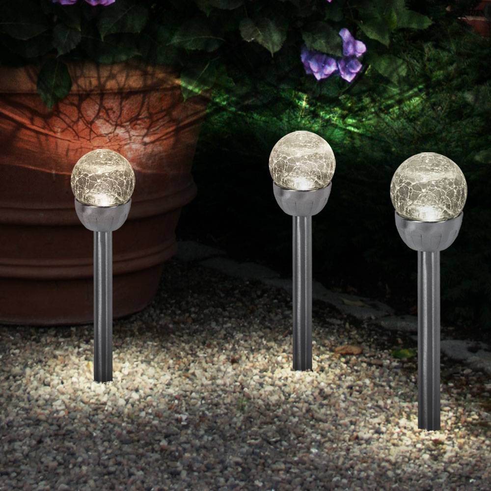 Solarleuchte Kugellampe Gartenleuchte, Stecklampe in Bruchglas-Optik, Wegeleuchte, integrierter Akku, Edelstahl, silber, LED, DxH 6x24,5cm, 3er Set