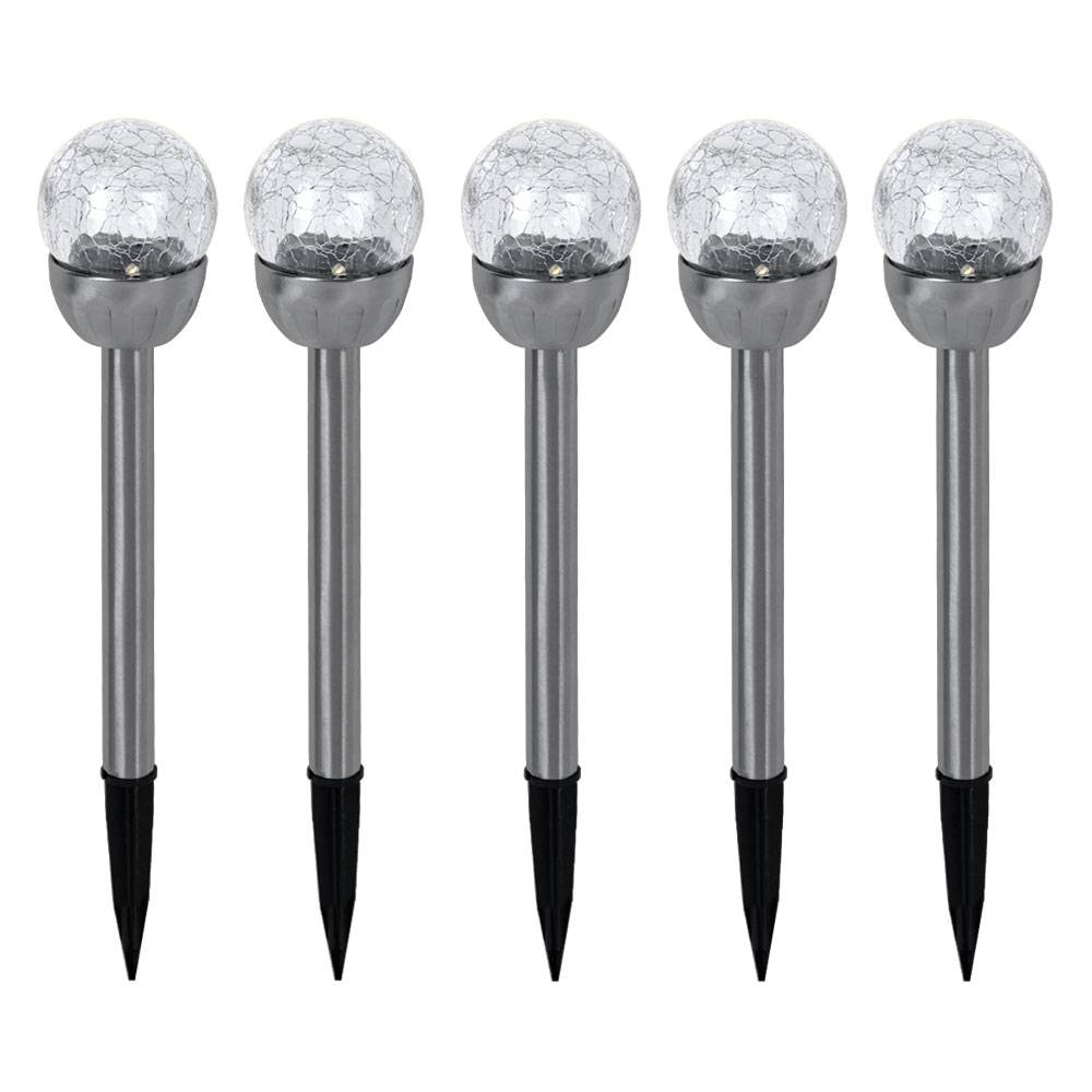 Außenleuchte Solarlampe Wegeleuchte, Gartenlampe in Bruchglas-Optik, Kugelleuchte, integrierter Akku, Edelstahl, silber, LED, DxH 6x24,5cm, 5er Set